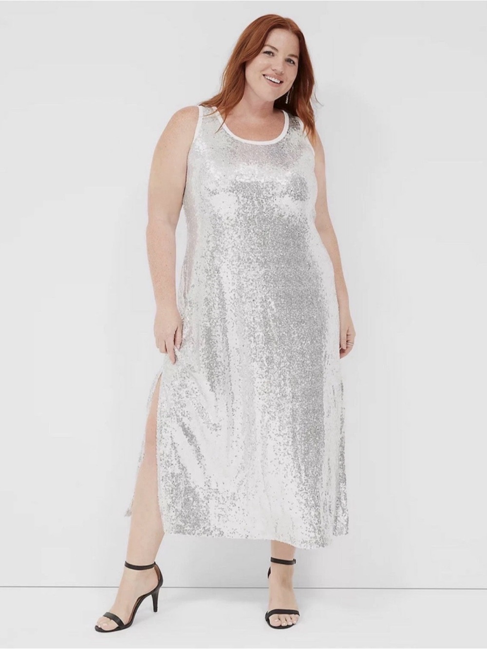 Lane Bryant Shiny Silver Sequin Scoop Neck Slip Maxi Dress Size 18/20 ✨